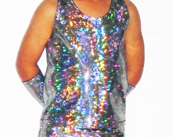 May include: A silver sequined tank top and matching arm sleeves. The sleeveless top has a scoop neckline and is covered in iridescent sequins that reflect multiple colors. The outfit is likely for a performance or costume.