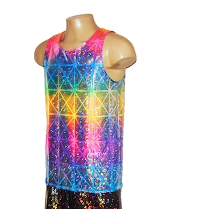 Men's Holographic Neon Rainbow Sparkle Tank Top Singlet Unicorn Burningman Tie Dye Shiny Lame Pride Rave EDC Festival New Years Christmas image 3