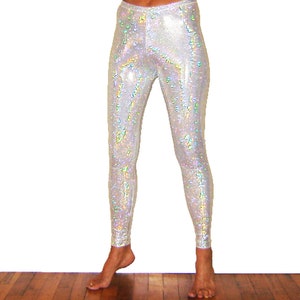 Leggings scintillanti olografici argento Burning man Halloween Metallic Festival Pantaloni lucidi Stretch Dance Donna Uomo Capodanno Mardi Gras immagine 5