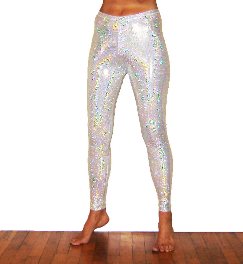 Silver Holographic Sparkle Leggings Burning man Halloween Metallic Festival Shiny Pants Stretch Dance Women's Men's New Years Mardi Gras image 5