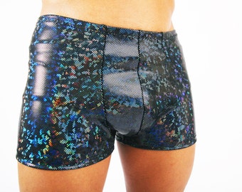 Men's Black Holographic Pouch Shorts Festival Booty Dancing Tree Creations Hot Pants Hologram Shiny Dance Burningman Cruise Valentines