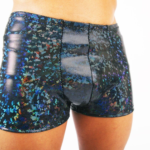 Pantalones cortos holográficos negros para hombre, para festivales, bailes, creaciones de árboles, pantalones cortos, hologramas, bailes brillantes, Burningman, crucero, San Valentín