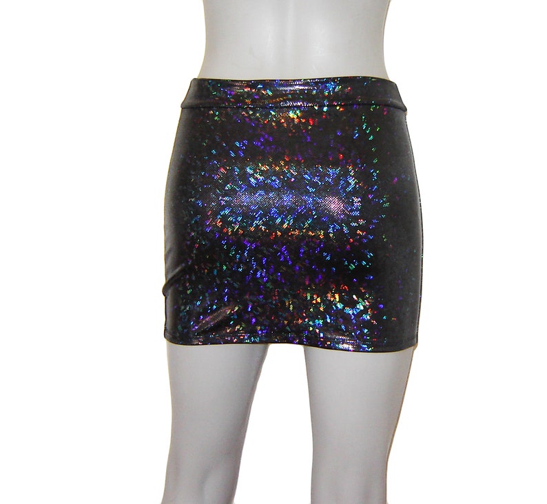 Shiny Holographic Black Mini Booty Skirt Flashy Fitted Rave Dance Burning man Sparkle Electric Daisy Hologram Sixties Disco Soul imagem 3