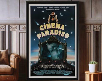 May include: A vintage movie poster for the film Cinema Paradiso. The poster features a colorful image of a movie theater with a starry night sky in the background. The text on the poster reads "Cinema Paradiso" in large, bold letters. The poster also includes the tagline "An enchanted village. A wonderful friendship. Star-crossed lovers. And the magic of the movies."