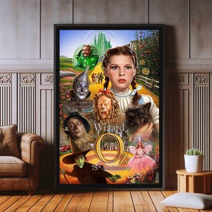 May include: A colourful poster featuring characters from the Wizard of Oz film. The poster has a green background with a yellow brick road and a rainbow. The text "The Wizard of Oz 75th Anniversary" is at the bottom of the poster.