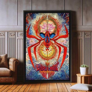May include: A framed wall art print featuring Spider-Man hanging upside down in a red and blue suit. The background displays a stylized lotus flower, sunburst, and swirling clouds in vibrant red, blue, and gold tones with the text Spider-Man Grand New Day.