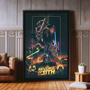 Può includere: Un poster del film Star Wars: La vendetta dei Sith con uno sfondo scuro e un titolo in oro e nero. Il poster presenta personaggi del film, tra cui Darth Vader, Yoda e Obi-Wan Kenobi.