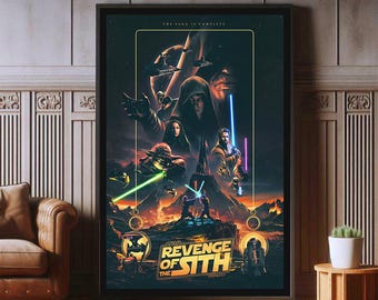 May include: A Star Wars: Revenge of the Sith movie poster with a dark background and a gold and black title. The poster features characters from the movie, including Darth Vader, Yoda, and Obi-Wan Kenobi.