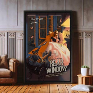May include: A vintage movie poster for Alfred Hitchcock's Rear Window, featuring James Stewart and Grace Kelly. The poster is illustrated in a retro style with a muted colour palette. The title "Rear Window" is in large, bold letters.