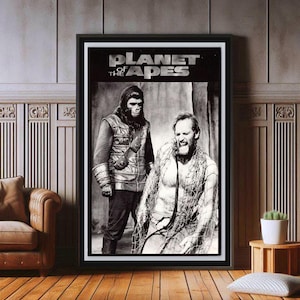 May include: Black and white poster of the film "Planet of the Apes". The poster features a close-up of two characters, one human and one ape. The human is wearing a net and has a distressed expression. The ape is wearing a military-style uniform and has a serious expression.