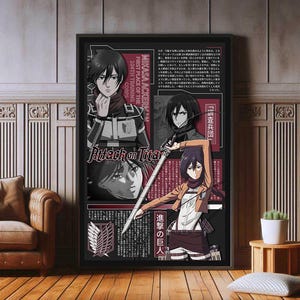 May include: A framed poster featuring Mikasa Ackerman from "Attack on Titan." The artwork showcases Mikasa in various poses, wielding a sword and wearing her signature outfit. The poster includes Japanese text and the series logo, set against a dark background.