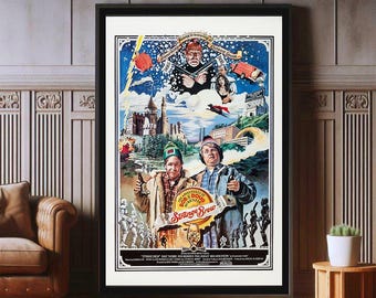 May include: A vintage movie poster for the film "Strange Brew" featuring a colorful illustration of the main characters, Bob and Doug McKenzie, in front of a brewery. The poster includes the text "The McKenzie Brothers Present Strange Brew".