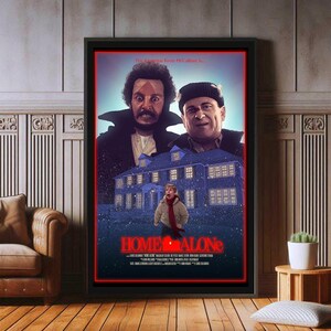 May include: A movie poster for the film "Home Alone" featuring Macaulay Culkin as Kevin McCallister, with a red and white Christmas-themed background. The poster features the text "This Christmas Kevin McCallister is... HOME ALONE" in red.