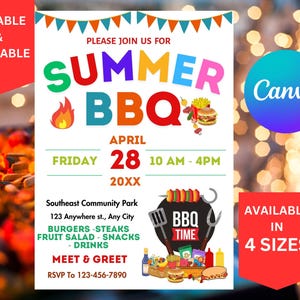 以下が含まれることがあります： カラフルなデザインの編集可能で印刷可能な夏のバーベキュー招待状テンプレート。招待状には、食べ物のあるバーベキューグリル、4月28日の日付、午前10時から午後4時までの時間が記載されています。「Summer BBQ」というテキストは、大きくカラフルな文字で書かれています。招待状には、「Meet & Greet」というテキストとRSVP番号も含まれています。