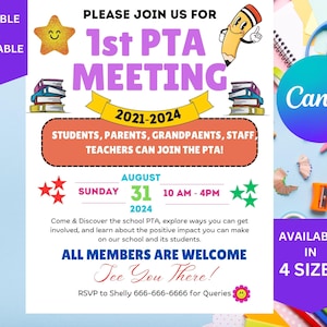PTO PTA Meeting Flyer, PTO/Pta Information Meeting Flyer, Editable Template for Back To School Meeting Flyer, Canva Editable Template