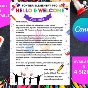 Carta de bienvenida editable e imprimible de la PTO, mensaje de bienvenida de la PTA, plantilla editable de Canva, carta de bienvenida de la PTO y la PTA para los padres