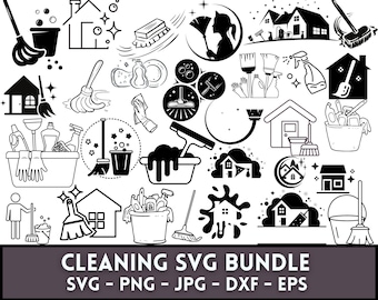 May include: Black and white vector illustrations of cleaning supplies, tools, and equipment. The set includes a broom, mop, bucket, sponge, spray bottle, and more. The illustrations are perfect for creating cleaning-themed designs, crafts, and projects.