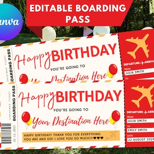 Birthday Airplane Ticket Printable, Surprise Trip Ticket, Boarding Pass, Birthday Gift, Surprise Vacation, Editable Airplane Ticket