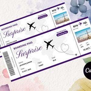 Editable Boarding Pass Template, Canva Boarding Pass, Printable Personalized Airline Ticket, Digital Download DIY Boarding Ticket