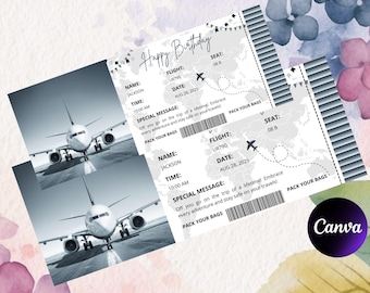 Modello di carta d'imbarco per compleanno, modello di biglietto di compleanno, biglietto di viaggio per compleanno, biglietto di compleanno a sorpresa, modificabile con Canva