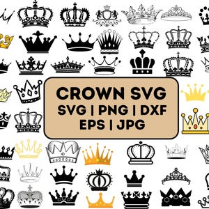 Op de afbeelding: Een verzameling van 40 zwart-witte kroon SVG-snijbestanden. De kronen zijn in verschillende stijlen, waaronder traditioneel, modern en grillig. De tekst "CROWN SVG SVG | PNG | DXF EPS | JPG" wordt weergegeven in een bruin rechthoek.