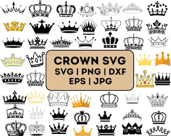 May include: A collection of 40 black and white crown SVG cut files. The crowns are in various styles, including traditional, modern, and whimsical. The text "CROWN SVG SVG | PNG | DXF EPS | JPG" is displayed in a brown rectangle.