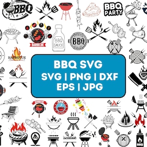 May include: A collection of 50 black and white BBQ grill and food illustrations. The illustrations include a variety of grilling tools, food, and designs. The text "BBQ SVG SVG | PNG | DXF EPS | JPG" is displayed in a blue box.