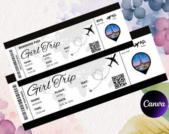 Plantilla de tarjeta de embarque editable, boleto de avión personalizado imprimible, tarjeta de embarque de Canva, invitación digital para viaje de chicas