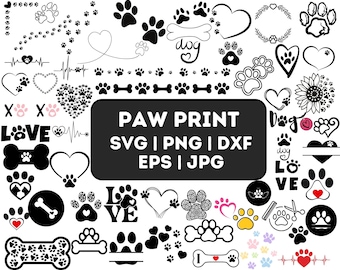 Puede incluir: Un conjunto de diseños gráficos en blanco y negro con huellas de patas, huesos, corazones y las palabras "dog" y "love". El conjunto incluye archivos SVG, PNG, DXF, EPS y JPG.