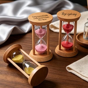 May include: Three wooden hourglasses with glass bulbs containing yellow, pink, and red sand. One hourglass features the text "Every moment holds a new lesson to learn Slow down" and another features the text "Keep exploring" on the wooden top.