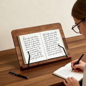 Könnte beinhalten: Ein hölzerner Buchständer mit einem offenen Buch mit handschriftlichem Text. Der Ständer hat eine dunkle Holzoberfläche und Metallstützen. Eine Person mit Brille schreibt mit einem Stift in ein Notizbuch.
