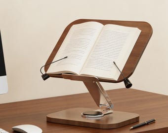Walnut Reading Stand, Rotatable Adjustable Laptop & Book Holder, Ergonomic Book Stand, Desk Holder for Home Office, Gift for Readers
