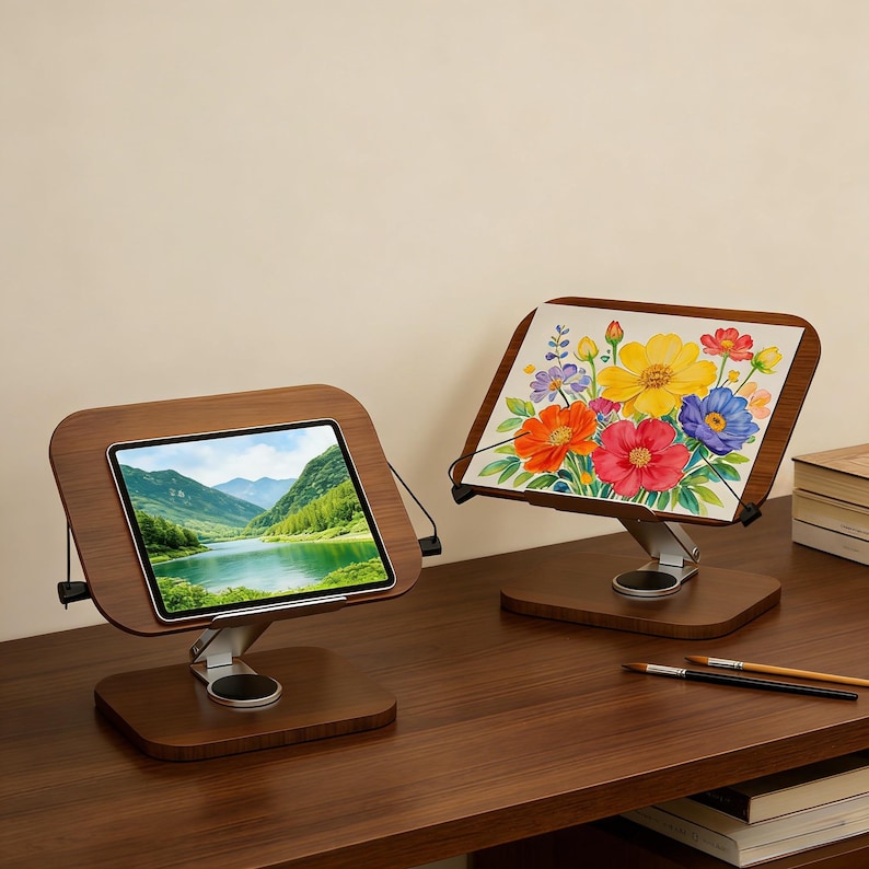 May include: Two wooden tablet stands with adjustable angles. One displays a landscape image, the other a floral watercolor painting. Both stands have a dark wood finish and silver-colored adjustable arms.