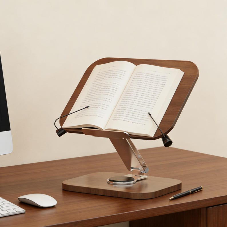 May include: A wooden book stand with an open book. The stand has a rectangular base and a curved top to hold the book. The stand is made of wood and metal, and has a modern design. The book is held in place by two black metal arms.