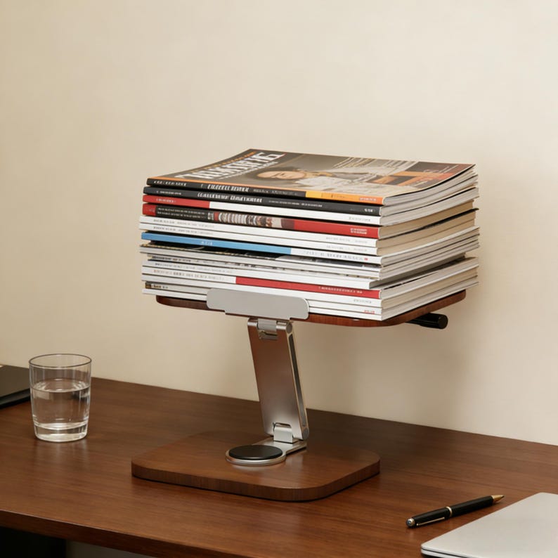 May include: A wooden magazine rack with a silver metal support, holding a stack of magazines. The rack is on a wooden desk with a glass of water, a pen, and a laptop.