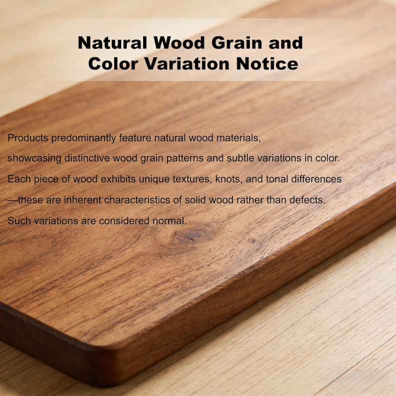 May include: Close-up of a rectangular wooden cutting board with rounded edges. The wood grain is visible, and the text "Natural Wood Grain and Color Variation Notice" is at the top. The text below describes the natural variations.
