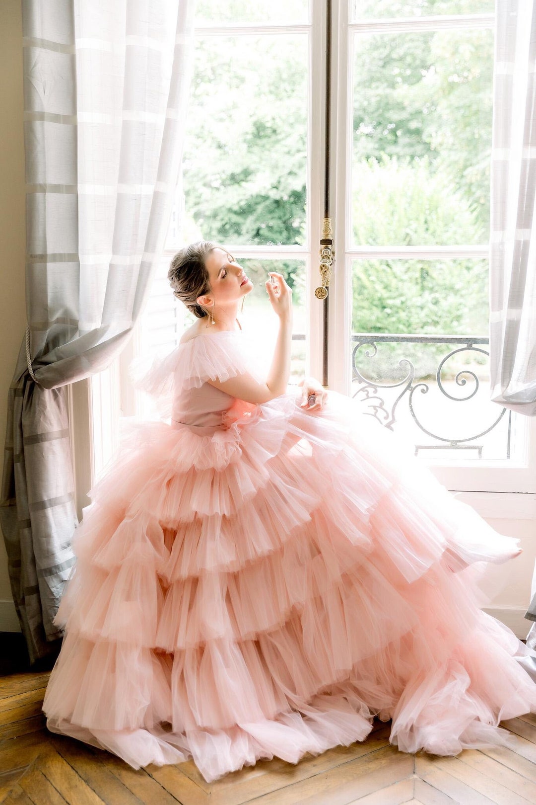 epine é tulle frill long tee pink Dusty Pink Tulle Gown, Ruffle Tulle Dress for Photoshoot