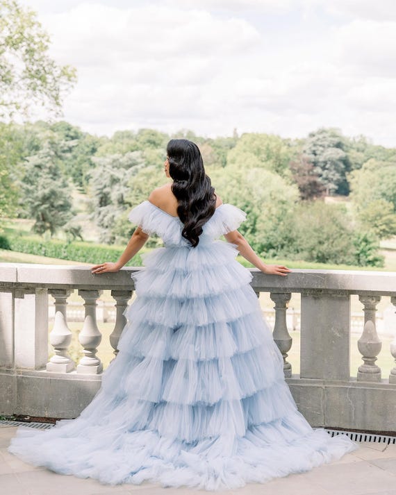 bride in blue dress Sky Blue Aso Oke Outfit: Nigerian Wedding Dress With Gele, Bride Reception Attire