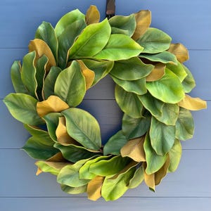 Magnolia greenery wreath, year round classic design for front door or home decor.