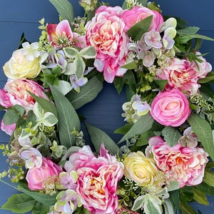 Peony, rose and hydrangeas wreath design for front door or home decor. Trendy and Classic.
