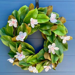 Magnolia greenery wreath with magnolia flowers, year round classic design for front door or home decor.