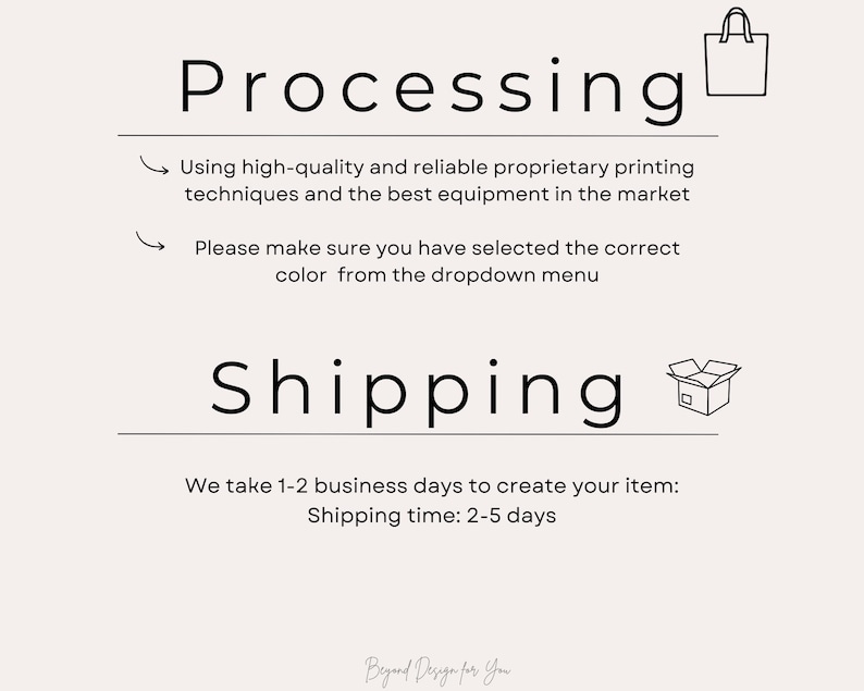 May include: An informational graphic with black text on a light background. It features the headings Processing and Shipping with corresponding shopping bag and box icons. Text details printing techniques, color selection, and production timelines.