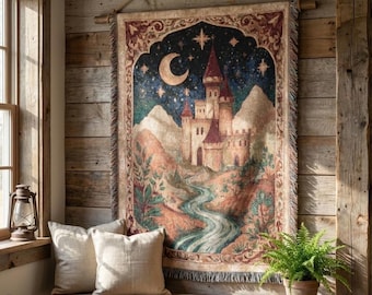 Medieval Castle Woven Blanket Tapestry – Fairytale Wall Hanging, Fantasy Cottagecore Decor, Vintage Storybook Throw, Rustic Home Decor
