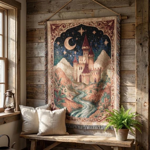 Medieval Castle Woven Blanket Tapestry – Fairytale Wall Hanging, Fantasy Cottagecore Decor, Vintage Storybook Throw, Rustic Home Decor