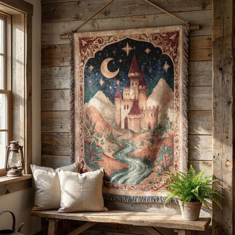 May include: A rectangular woven wall tapestry featuring a castle with red-roofed towers, a crescent moon, and stars in a dark sky above mountains and a winding river. The tapestry has a decorative border and fringed edges, suspended by a wooden rod.
