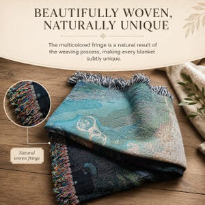 May include: A woven blanket featuring a blue and green landscape design with a multicolored fringe. The text reads: BEAUTIFULLY WOVEN, NATURALLY UNIQUE. The multicolored fringe is a natural result of the weaving process, making every blanket subtly unique.