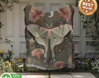 Woven Blanket with Luna Moth Design – 100% Cotton Throw Blanket with Fringe – Boho Nature Tapestry Blanket for Sofa, Bed, Living Room Decor