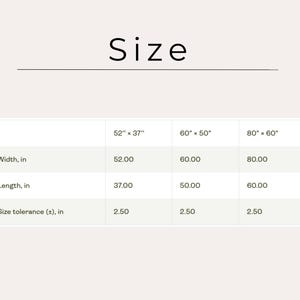 May include: A size chart table with the heading Size, listing three options: 52 inches by 37 inches, 60 inches by 50 inches, and 80 inches by 60 inches. The table includes rows for width, length, and a size tolerance of 2.50 inches for each.