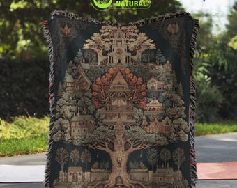 Medieval Fantasy Woven Blanket – 100% Cotton Tapestry Throw with Tree Village Design – Antique Style Boho Blanket – Gothic Nature Home Decor