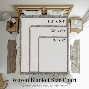 May include: A woven blanket size chart featuring three rectangular blankets with fringed edges, labeled with dimensions 60" x 80", 50" x 60", and 37" x 52". The text "Woven Blanket Size Chart" and "*Queen size bed used for reference*" is visible.
